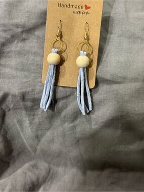 Light Blue Suede Tassel Earrings with Wood Bead